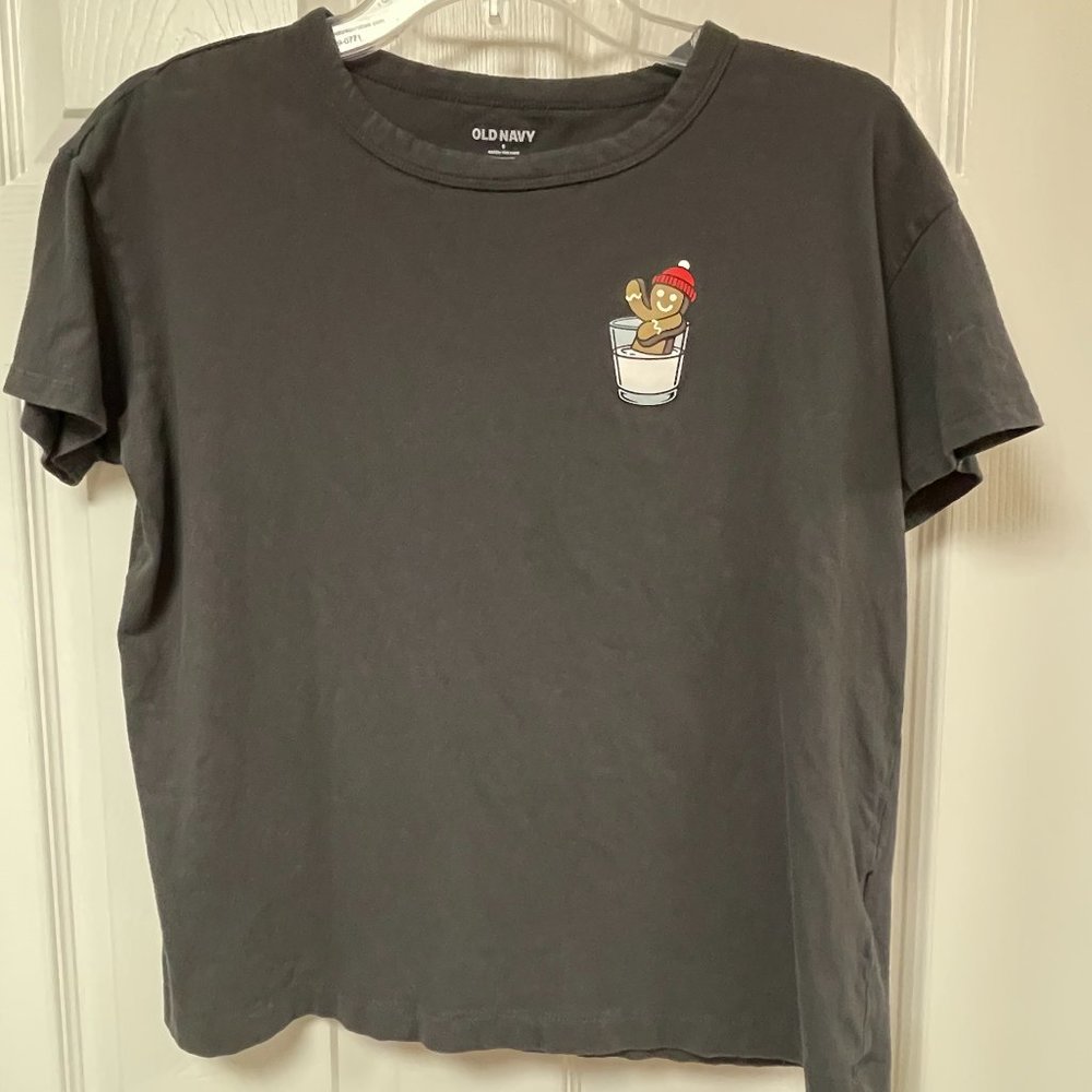 Old Navy Jammies Top - Holiday - Funny - Gingerbread Man in Milk Cup - EUC